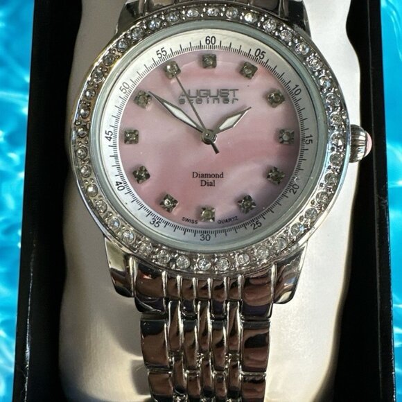 $395 NWT AUGUST STEINER Womens Diamond Dial Watch Crystals Silver Pink MOP Face - Picture 1 of 6